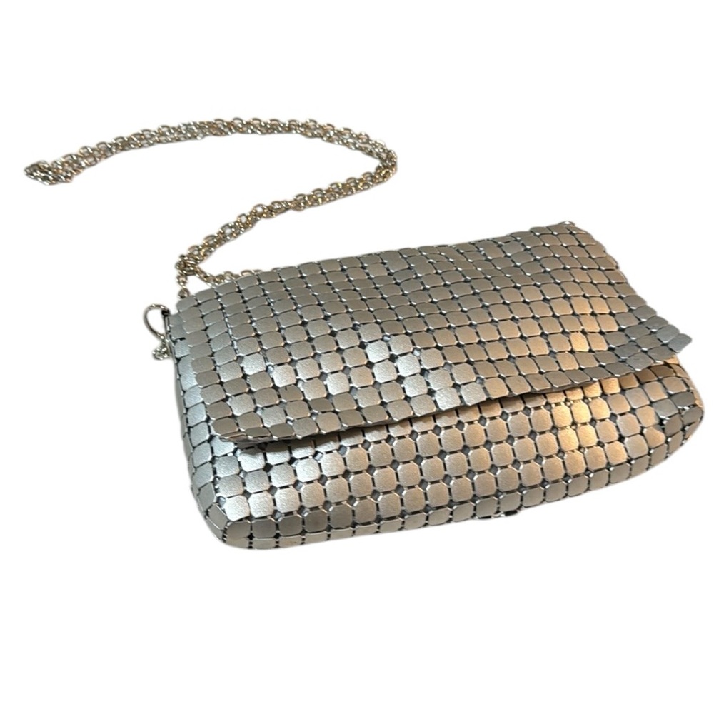 Olga Berg Brushed Silver-Toned Soft Metal Mesh Clutch Shoulder Bag